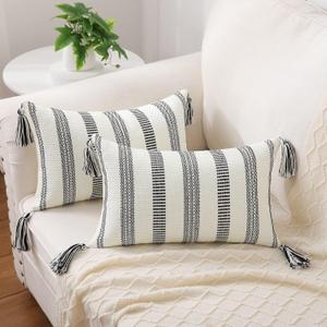 Smile Bee Boho Outdoor Couch Throw Pillow Covers Set of 2, Decorative Lumbar Thick Woven Striped Accent Neutral Pillow Covers with Tassels for Bed Sofa Home Decor, 12x20 Inch, Black and Cream White Smile Bee Boho Outdoor Couch Throw Pillow Covers Set of 2, Decorative Lumbar Thick Woven Striped Accent Neutral Pillow Covers with Tassels for Bed Sofa Home Decor, 12x20 Inch, Black and Cream White