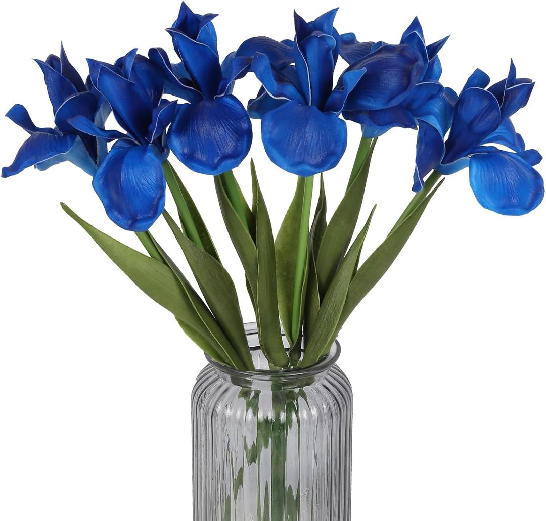 Royal Blue Iris Artificial Flowers 6 PCS Real Touch Flowers 18.9 in Long Stems Artificial Iris for Wedding Bridal Home Kitchen Party Decoration(Royal Blue)