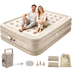H&W Camping Air Mattress Queen Size, 16" Elevated Blow Up Bed with Detachable Rechargeable Pump, 900lbs Heavy Duty Inflatable Mattress, Cordless Flocked Airbed for Camping, Guests & Home