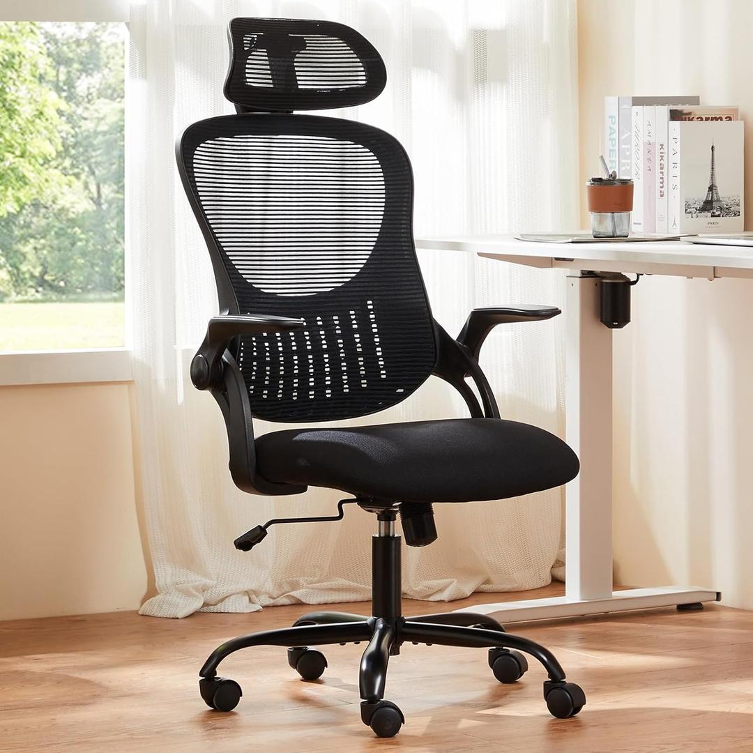 Sweetcrispy Home Office Desk Chair, High-Back Mesh with Adjustable Headrest, Flip-up Armrest Comfortable Lumbar Support, Comfy Arms for Bedroom,Study,Student
