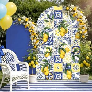 Leinuosen Set of 2 Mediterranean Lemon Arch Backdrop Blue Lemon Arch Backdrop Italian Coastal Wedding Background 5 ft and 6 ft Arched Stand Covers for Bridal Events Birthday Photo Booth