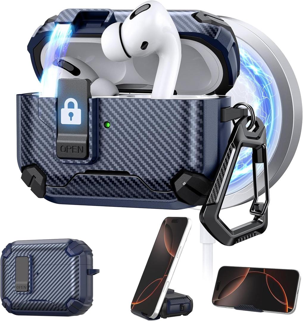 Maxjoy for AirPods Pro 3 Case Cover 2025 with Automatic Lock MagSafe, Compatible with Apple AirPod Pro 3rd Generation (Carbon Dark Blue, AirPods Pro 3 Case Cover 2025)