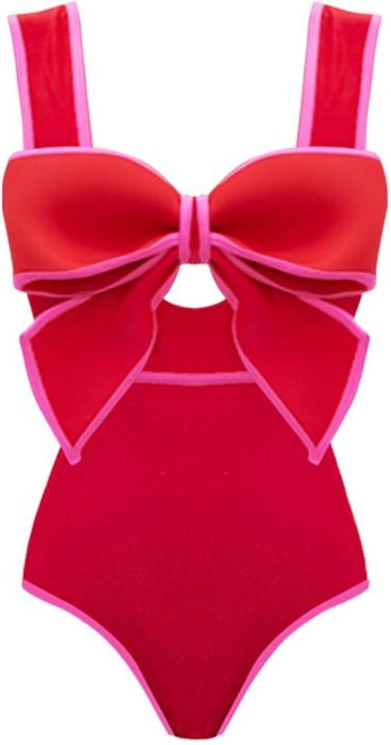 FLAXMAKER Bow Front Cut Out Color Block One Piece Swimsuit and Skirt (Small)