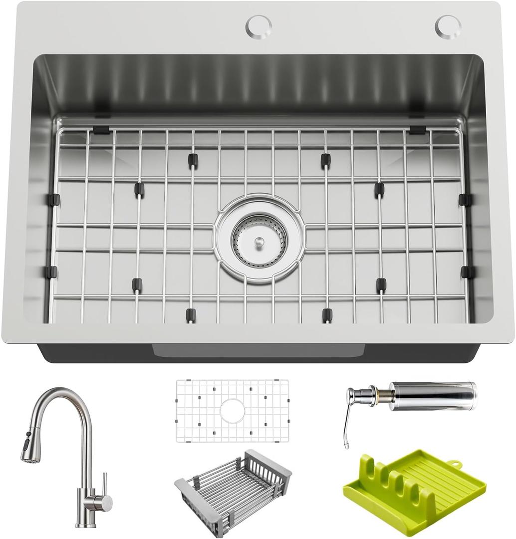 25x18In Drop In Kitchen Sink With Faucet,Stainless Steel,Single Bowl