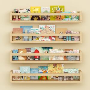 Onlysky Set of 4 Wall-Mounted Kid's Bookshelf - Wood Floating Nursery Book Shelves - Durable Wood Construction - Ideal for Nursery Decor, Kids Room, Toy Storage (23 Inches)