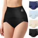 Women's High Waisted Underwear, Tummy Control high cut Panties Full Coverage Postpartum Briefs underwear 4 pack (Large, Multicolor-deep Blue&light Blue& Skin Tone& Black)