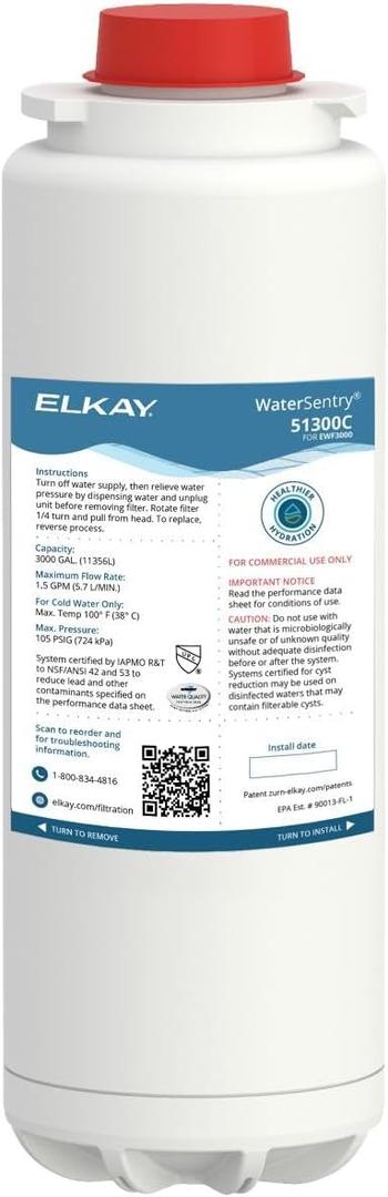 Elkay 51300C WaterSentry Plus Replacement Filter Cartridge for WaterSentry Plus Filtration System in EZH20 Bottle Fillers - N/A