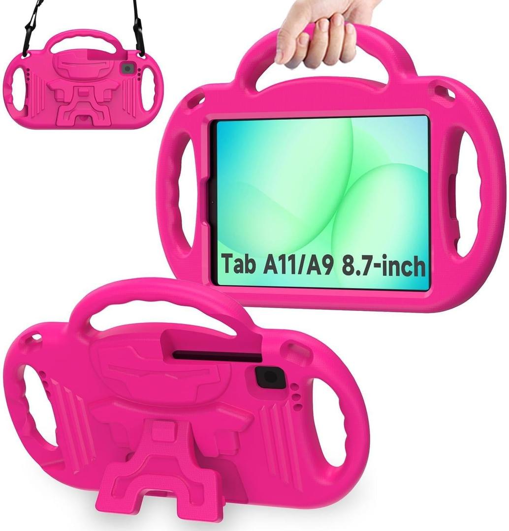 AVAWO Kids Case for Samsung Galaxy Tab A11 8.7 Inch 2026/A9 8.7 2023, with Strap, Shockproof Lightweight Handle Stand 2026 (SM-X130/X133/X135)/2023(SM-X110/X115/X117), Rose