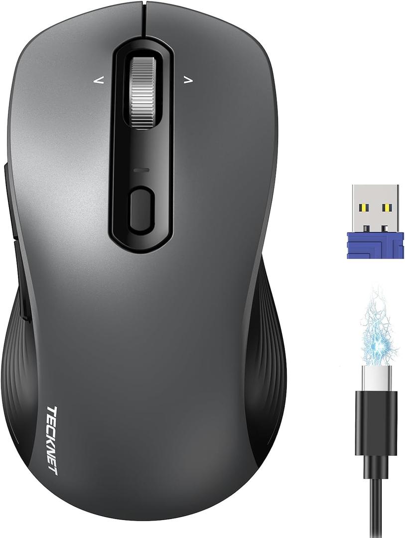 TECKNET Rechargeable Bluetooth Mouse, [ USB + BT5.0 + BT3.0 ] Wireless Mouse, Ergonomic 4-Way Scroll Wheel Computer Mice, 6-Level 4800 DPI Silent Mice, Multi-Device for Computer/Laptop/MacBook (Grey)