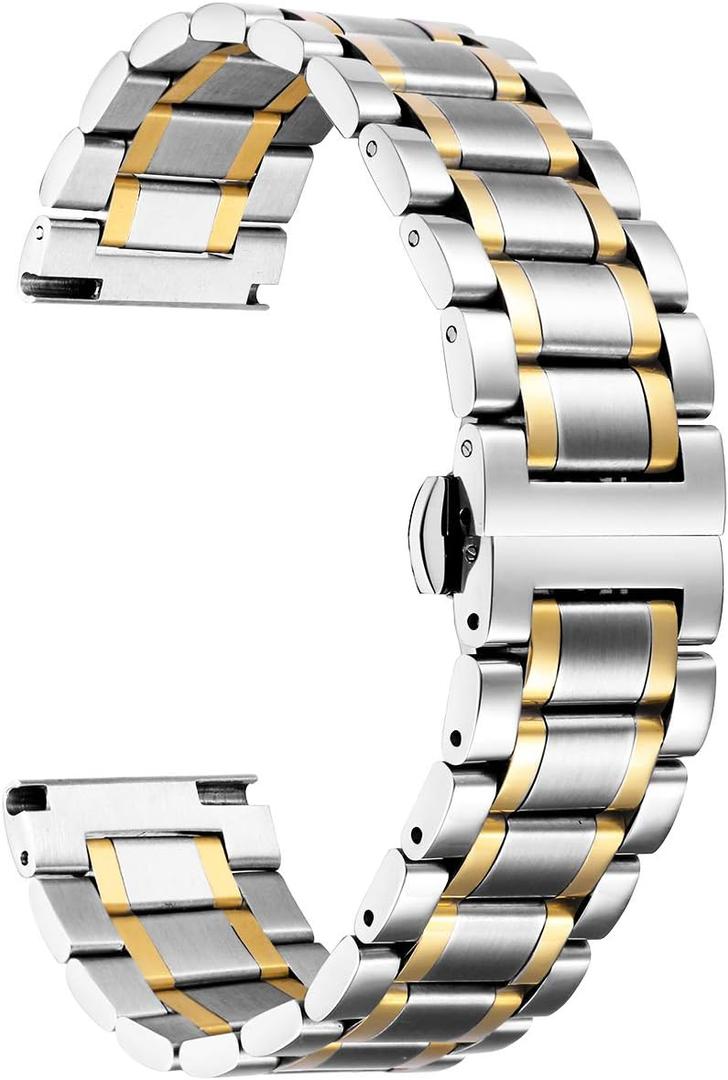 BINLUN Stainless Steel Watch Band  20mm  Adjustable Metal Link Watch Bracelet with Straight & Curved Ends for Business Daily Wear Men & Women (Silver-Gold)