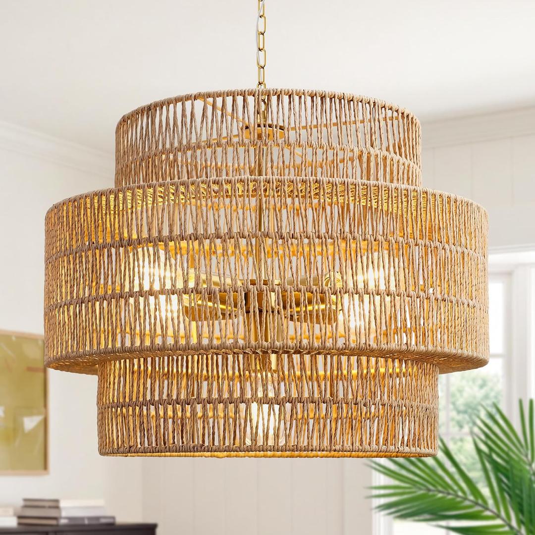 Boho 17” Rattan Chandelier Light Fixture, 5-Light Hand Woven Rattan Pendant with 3-Tier Wicker Shade, Adjustable Farmhouse Ceiling Hanging Light for Dining Room, Kitchen, Living Room, Bedroom, 17.7 inch