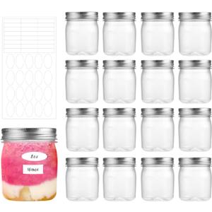 16 Pack 8OZ Sliver Plastic Jars With Screw On LidsPlastic Mason Jars Food Storage Container For Storing Dry Food, Candy, Cream,Peanut, Butter