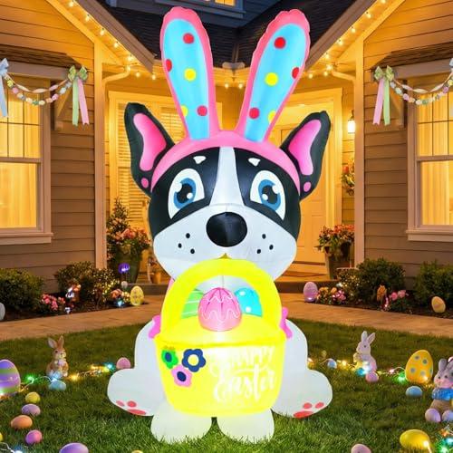 5FT Easter Inflatable French Bulldog with Egg Basket Yard Decoration Cute Bunny Ear Dog Blow Up Outdoor Décor with LED Lights Built-in Fan Stakes Ropes & Sandbags for Lawn Garden Holiday Display