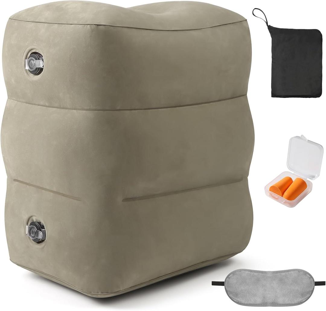 JefDiee Inflatable Foot Rest Pillow, Kids Airplane Bed, Adjustable 3 Layers Height Leg Rest Pillow, Airplane Travel Essentials Great for Office, Home, Trains, Cars (Brown)
