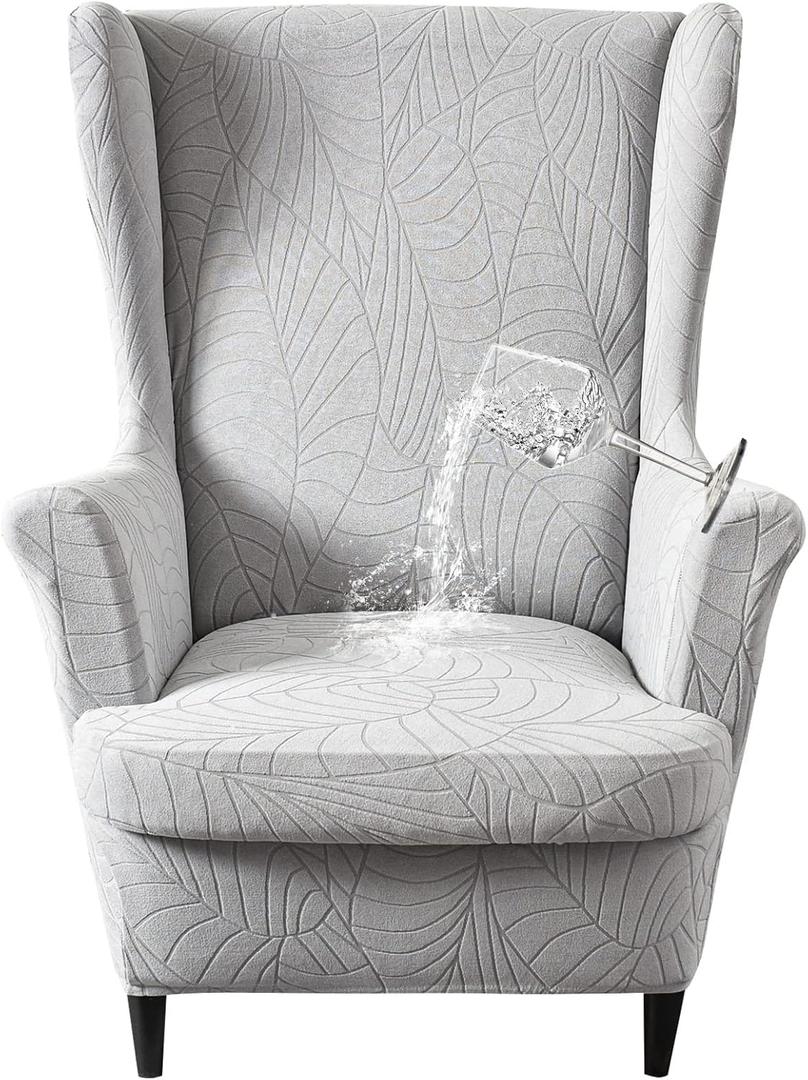 Waterproof Wingback Chair Cover, Stretch Jacquard Wing Chair Slipcovers 2 Piece, Wingback Armchair Sofa Slipcover Super Soft Fabric Furniture Protector with Elastic Bottom for Living Room Bedroom (Jacquard, Light Gray)
