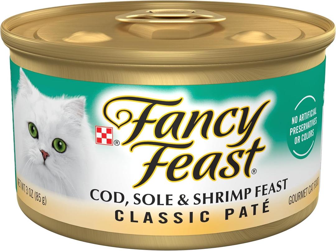 Purina Fancy Feast Cod, Sole and Shrimp Feast Classic Grain Free Wet Cat Food Pate - (Pack of 24) 3 oz. Cans BBD: Dec 2027