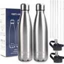 Insulated Water Bottle, 2 Pack-17oz Stainless Steel Water Bottles with straw lid, Metal Sports Water Bottles for Boys,Girls, Double Wall Vacuum BPA-Free Flask for School, Sports & Travel-Silver