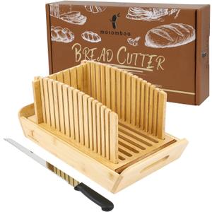Bamboo Bread Slicer for Homemade Bread with Serrated Knife & Crumb Tray - Foldable Compact Bread Cutting Guide, Adjustable Bread Slicer, Bread Cutter Slicer for Homemade Bread, Cakes, Bagels
