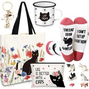 Yeyeplum Floral Cat Lover Gifts for Women Birthday Gifts Baskets Set Include Canvas Tote Bag, Makeup Bag, Socks, Keychain, Enamel Mug, Small Figurines for Mom, Wife, Sister, Friend