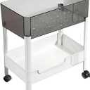 2 Tier Rolling Cart with Wheels for Under Desk Storage, Heavy Duty Plastic Short Small Utility Cart for Small Space Bathroom Vanity Makeup Organizer Pantry, 4.7'' Deep Baskets for Tall Bottles