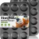 HONGBAKE Muffin Pan for Baking, Nonstick Cupcake Tin 12 Cup, 2 Pack Cup Cake Tray, Premium Cheesecake Pans, Dishwasher Safe - Dark Grey