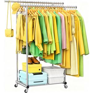 Double Rods Clothing Rack for Hanging Clothes, 100% Stainless Steel Clothes Rack, Portable Sturdy Clothes Rack with Wheels, Easy Installation Rolling Coat Rack, Freestanding for Home Conmercial Store