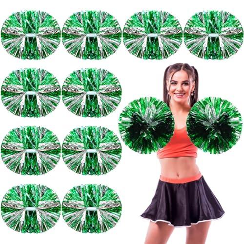 WILLBOND 12pcs Cheerleading Pom Poms Bulk Metallic Foil Cheerleader Pompoms with Baton Handle for Football Basketball Cheering Squad Team Game Sports Dance Party Outfit (Green and Silver)