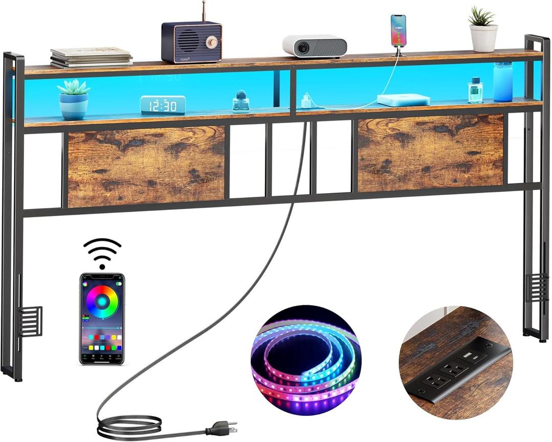 King Headboard with Storage, Bed Head Board with Outlets and USB Ports, Sturdy King Size Headboard Only with LED Lights, for Dorm, Easy Assemble, Rustic Brown (Wood Board)