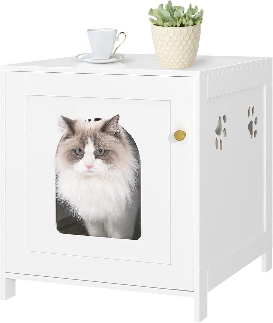 Cat Litter Box Enclosure, 21" Hidden Litter Box Furniture, Wooden Indoor Pet House with Front Arched Door, Side End Table, Nightstand for Living Room, Bedroom, White CB82213X