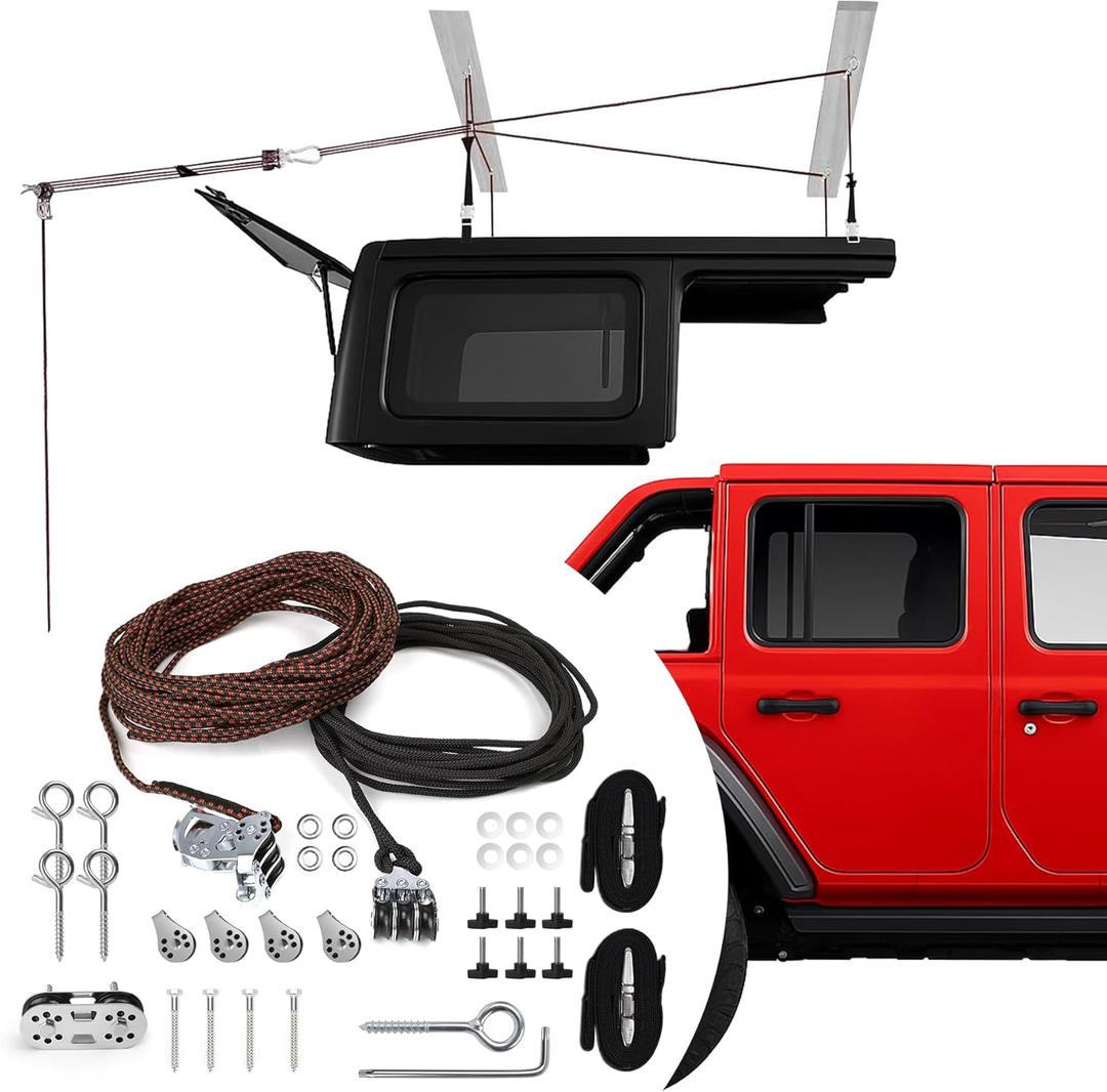 2025 Upgraded Hardtop Removal Lift, Compatible with All Jeep Wrangler JK JL Models, KlenzMate Top Hoist with Safe Anti-Drop System, Easy One-Person Operation, Self-Leveling, Supports 8-16 Ft. Ceiling
