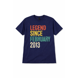 Legend Since February 2013 Graphic T-Shirt – Navy Blue Crew Neck Tee, 13 Year Old Birthday Shirt