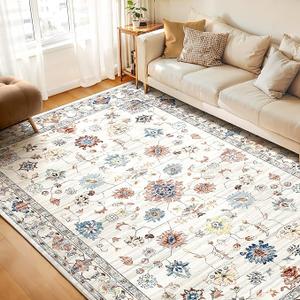 WITSHOCK Living Room Area Rugs 9x12: Washable Rug Boho Soft Non-Slip Low Pile Stain Resistant Foldable Carpet for Bedroom Playroom Dining Room Office Kitchen Home Decor Rug-Multicolored Camel