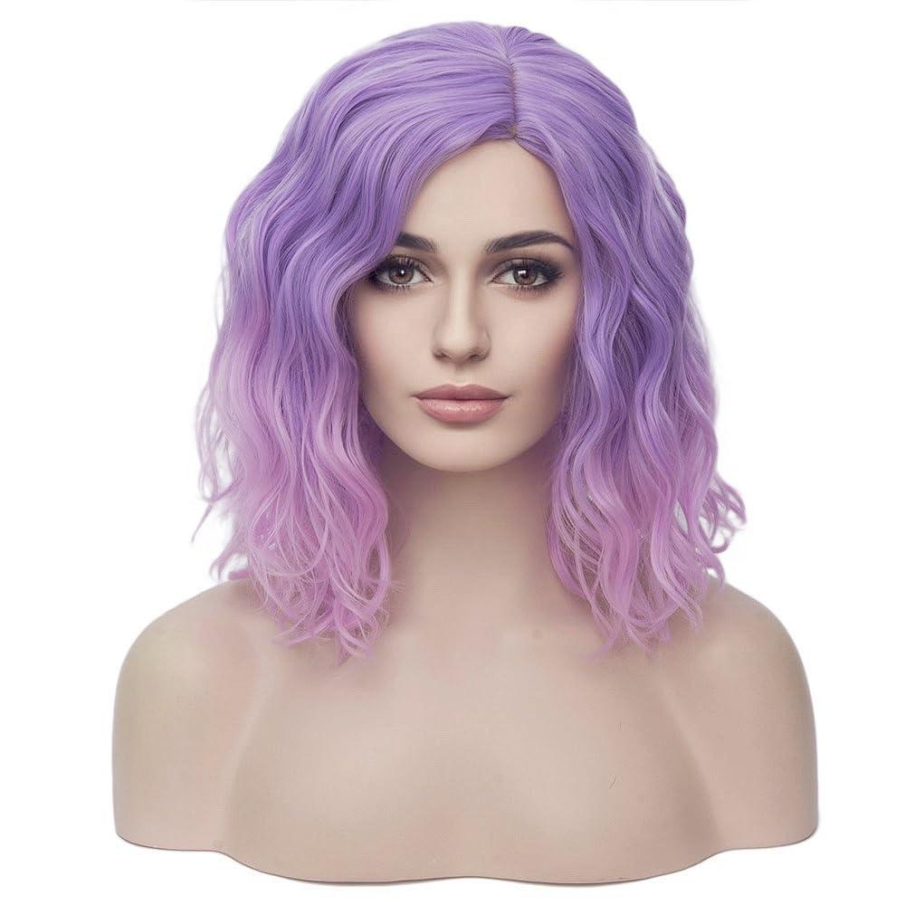 BERON 14" Women Girls Colored Short Curly Bob Wavy Purple Ombre Pink Shoulder Length Wig Body Wave Daily or Cosplay Hair Wigs