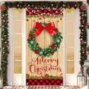 Merry Christmas Wood Grain Plaid Edge Wreath Banner for Farmhouse Door Decoration