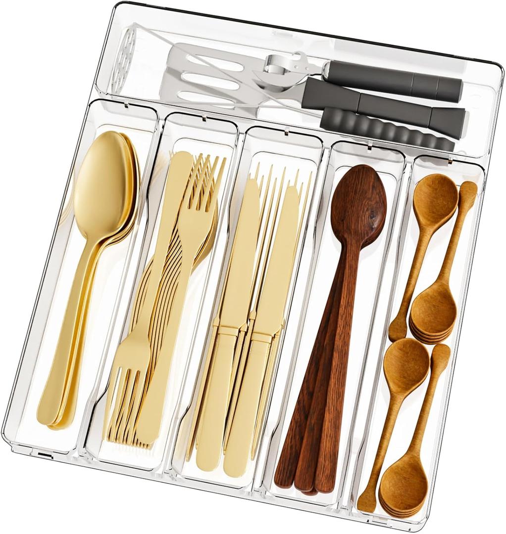 Clear Silverware Organizer for Kitchen Drawers,BPA Free Cutlery Drawer Organizer,6 Slots Plastic Utensils Organizer Suitable as In-Drawer Silverware Holder and Tray,Flatware,Knife,Fork,Spoon Organizer