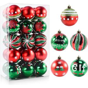 30PCS Christmas Balls Ornaments - 2.36" Red Green White Xmas Balls Decoration, Shatterproof Christmas Balls Ornaments for Christmas Tree, Painting & Glittering Hanging Ball for Party Event(Style-25)