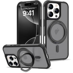 for iPhone 16 Pro Case with 360 Rotatable Magnetic Ring Stand [Compatible Mag-Safe] [Military Grade Protection] Translucent Matte Phone Cases for Women Men 6.3'', Black