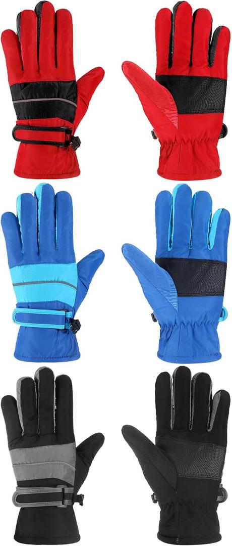 Geyoga 3 Pairs Kids Winter Ski Gloves Waterproof Snow Mittens Windproof Warm Gloves for Girls Boys Cold Weather (6-10 Years, Red, Black, Blue)