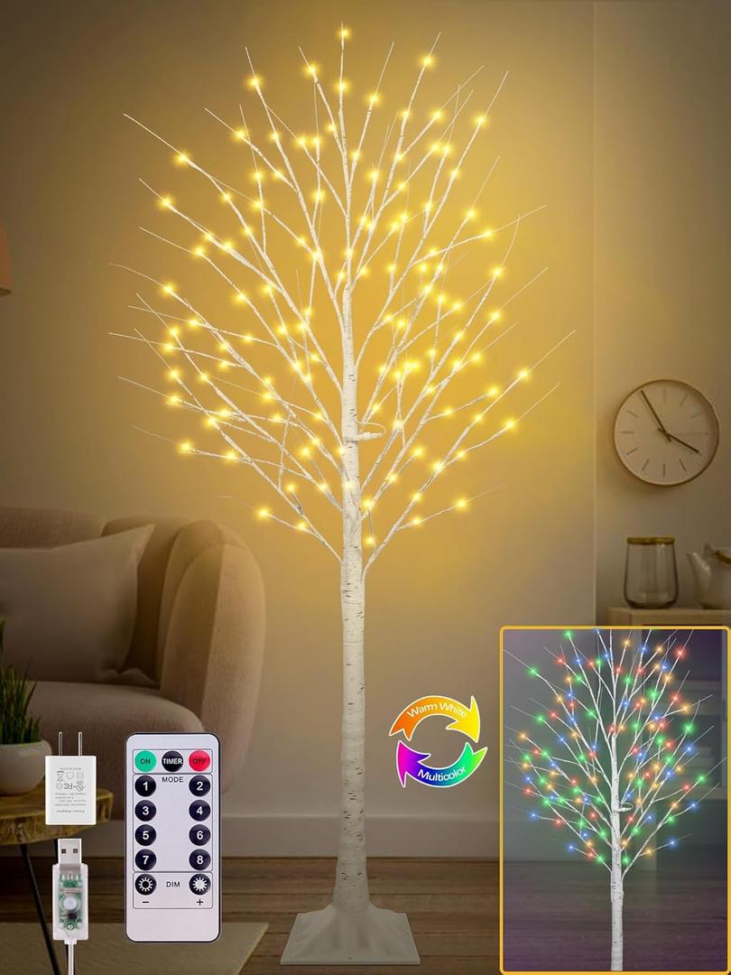 6FT Lighted Birch Tree with 130 LEDs Warm White and Multicolor Lights, 8 Functions Remote Faux Light Up Twig Christmas Tree for Indoor Outdoor Xmas Holiday Party Decoration
