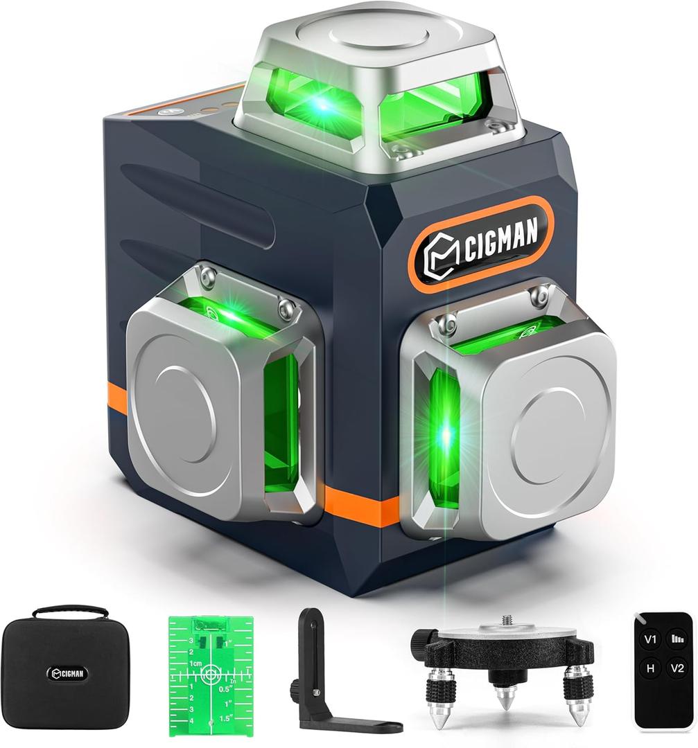 CIGMAN Laser Level Self Leveling 3x360 3D Green Cross Line for Construction and Picture Hanging, Rechargeable battery, Remote Controller, Magnetic Rotating Stand Included