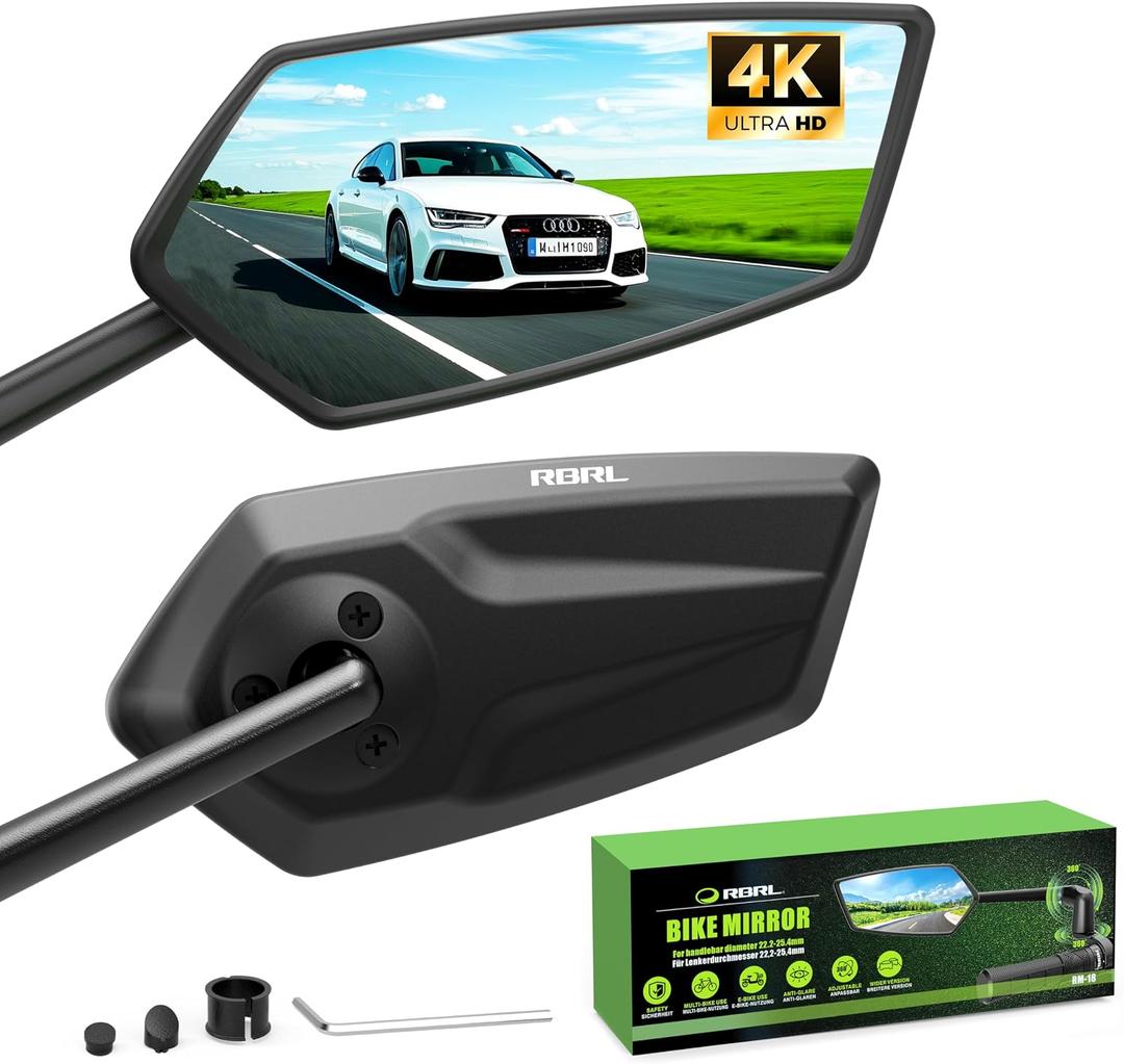 RBRL Bike Mirror, 3D Adjustable Arm for Extended Reach, Aluminum Alloy Anti-shake Bicycle Rearview Mirrors, 360 Panoramic Rearview, Wide Angle Shatterproof & Foldable E-bike Mirror