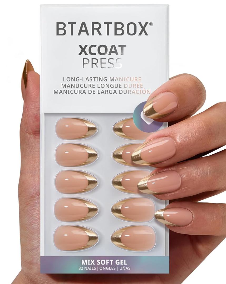 BTArtbox Press On Nails Short - Gilded Countdown, Lamp-Curable Gold French Tip Almond Press On Nails with Glue and Adhesive Tabs for Women in 16 Sizes - 32 Soft Gel Glue On Nails Kit