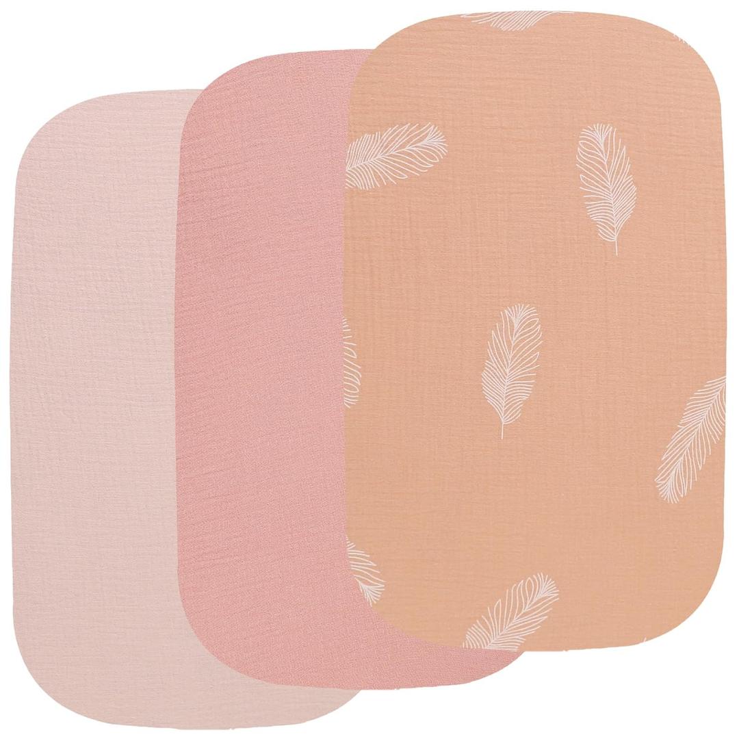 Onacosht Muslin Bassinet Sheets 3 Pack, 100% Cotton Baby Sheet 35" X 20" Compatiable with AMKE 3 in 1 Bassinets, MiClassic, Uiuwoo, Foalom, YADAQE, Milliard and TCBunny Bassinet, Pink and Feather