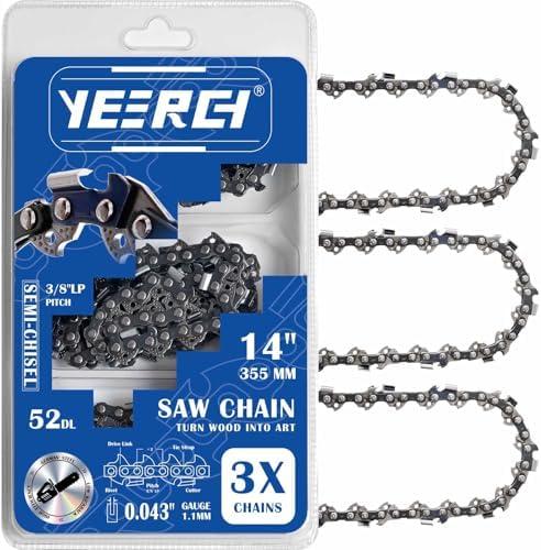 Yeerch 2 Pack 14 Inch Chainsaw Chain, 3/8" LP Pitch, .043" Gauge, 52 Drive Links-Fits for Echo, Ryobi, Milwaukee and More 14" Chainsaw (Semi-Chisel)