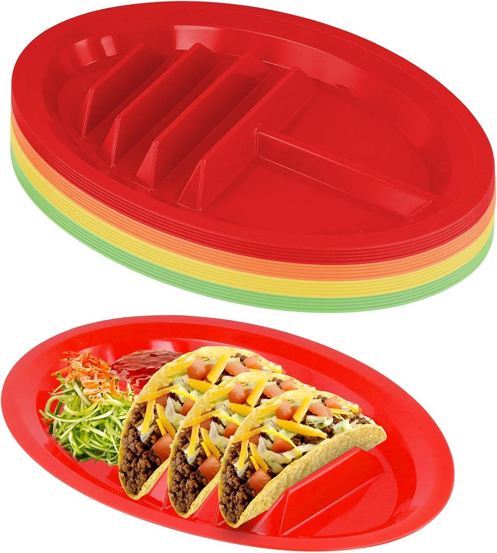 JAPCHET 20 Pack Plastic Taco Plates with Dividers, Colorful Taco Holder Plates Includes 2 Dipping Areas for 3 Tacos, Soft & Hard Taca Shell, 12.8 x 8.9 Inches