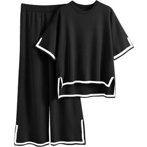 Imily Bela Womens Plus Size Lounge Sets 2 Piece Outfits Short Sleeve Pullover Tops Wide Leg Pants Summer Travel Outfits (Black, XXXL)