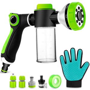 Upgraded Dog Wash Hose Attachment, 8-in-1 Sprayer Mode Garden Hose Nozzle with Pet Grooming Glove and 100cc Soap Dispenser Bottle, Adopted in Watering Flowers, Car Wash, Dog and Horse Showering