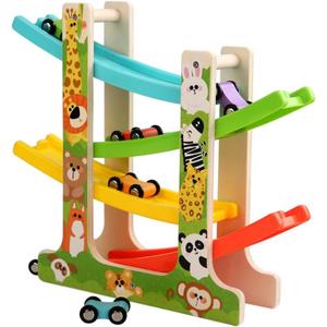 Wooden Car Ramp Toy for 1 2 3 Year Old Boys and Girls 4 Level Toddler Race Track with 8 Mini Cars Garage - Montessori Toys for 1-3 Year Old Christmas Birthday Gifts