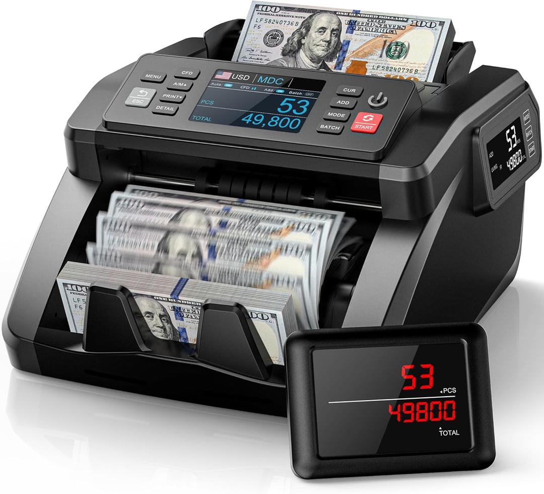 PONNOR N70 Mixed Denomination Money Counter Machine, Value Counting, Cash Counter with Three Displays, UV/MG/IR/MT Counterfeit Detection for Money Counting, Printer Enabled Bill Counter for Business, medium