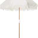 Business & Pleasure Co. Holiday Umbrella - Boho Beach Umbrella with White Fringe, UPF 50+, 1" Tilting Wood Pole, 5 x 6.5 Ft, Antique White